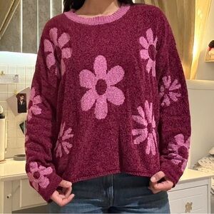 Floral Knit Sweater - Pink and Red